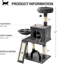 HOOPET 44IN Cat Tree for Indoor Cats - Multi-Level Cat Tower with Hammock, Condo, Scratching Posts, Self-Grooming Brush & Play Ball - Space-Saving Cat Furniture for Small Apartments