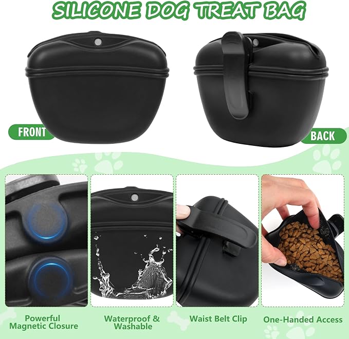 Dog Treat Pouch Pet Training Kit - Silicone Treat Bag Magnetic Closure, Puppy Training Clicker, Dog Whistle, Dog Water Bowls, Poop Bags & Holder, 4 Ways to Wear Walking Fanny Pack - Orange
