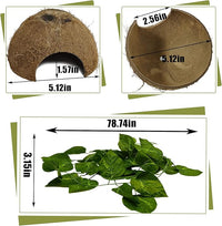 Hamiledyi Reptile Hideouts Natural Coconut Shells Hut Hermit Crab Climbing Toys Gecko Hide Cave Lizard Habitat Decor Plant Leaves Decoration for Spider Snake Chameleon (4Pcs)