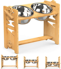 Elevated Dog Bowls, Raised Dog Bowl Stand Adjustable Small - Bamboo / Large / Without Mat