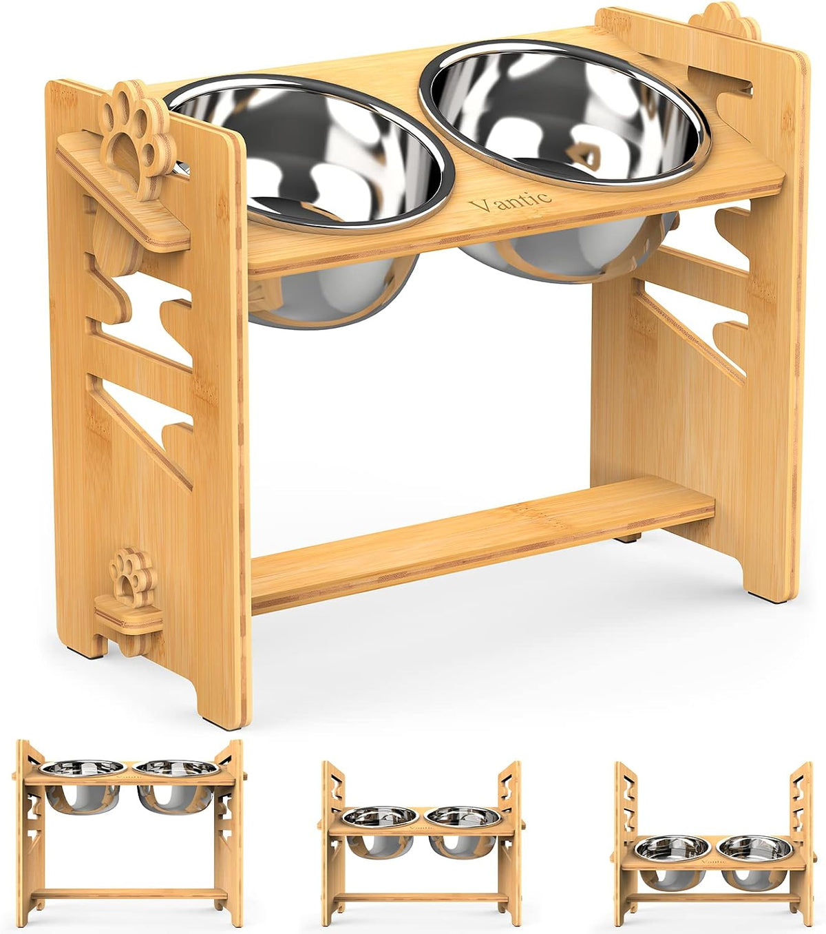 Elevated Dog Bowls, Raised Dog Bowl Stand Adjustable Small - Bamboo / Large / Without Mat