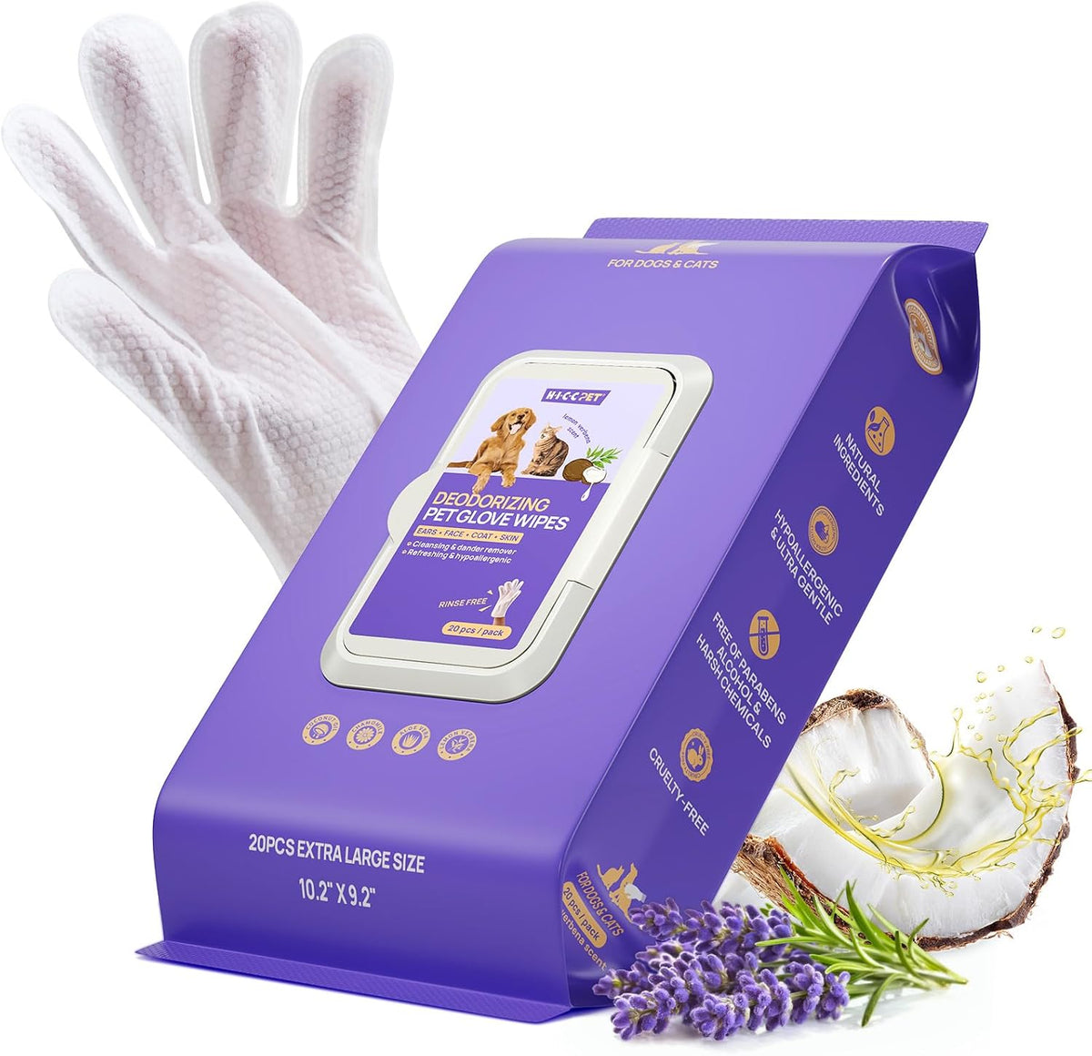 HICC PET Dog Wipes for Dogs & Cats, Glove Design - Verbena Scent / 20 PCS