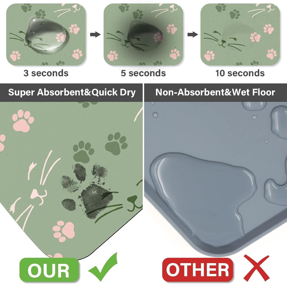 Patterned Cat & Dog Bowl Mat for Food and Water - Large (17" x 30") / Light Green-catpaw - image 4