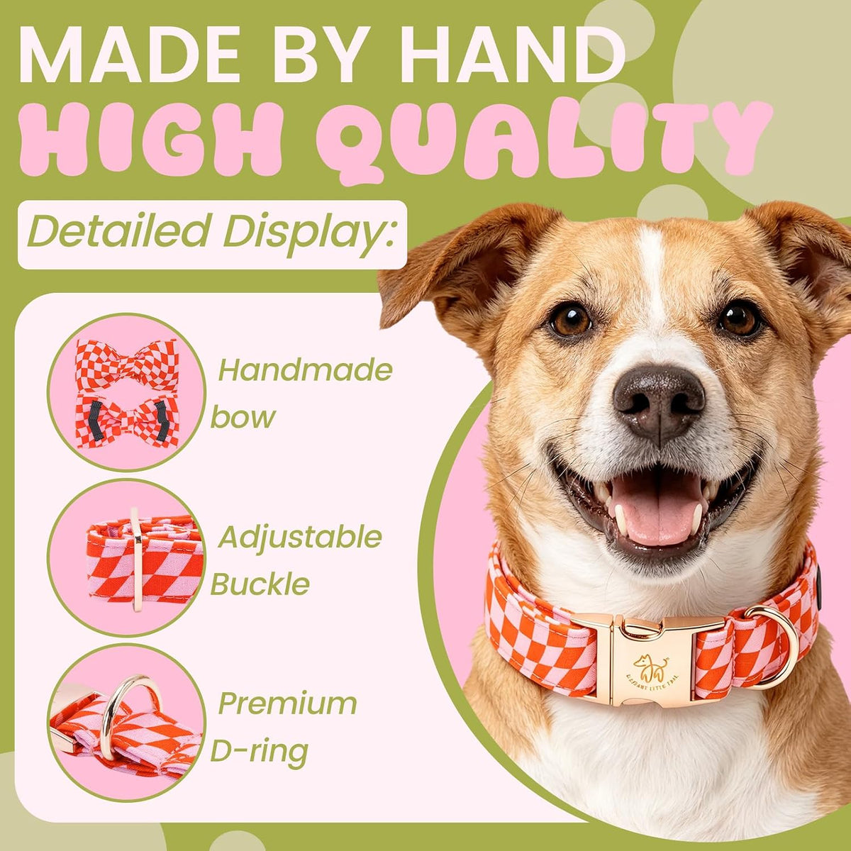 Dog Collar with Bow, Elegant Little Tail Blue Plaid Boy Dog Collar Cute Bow – Essentials for Dogs - Pink Checked / Medium (Pack of 1) - image 2