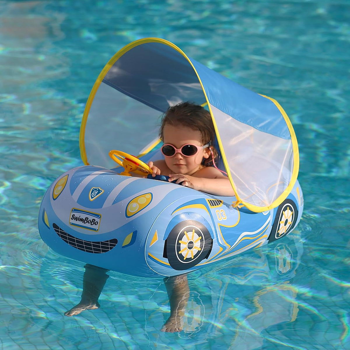 Toddler Float Inflatable Baby Swim Float with Canopy and Seat Pool - Blue Car with Steering Wheel