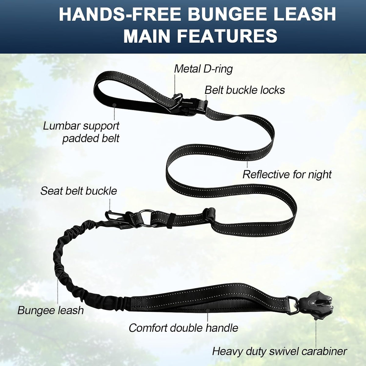 Heavy Duty Hands Free Dog Leash with Quick Release Carabiner - Black - image 2