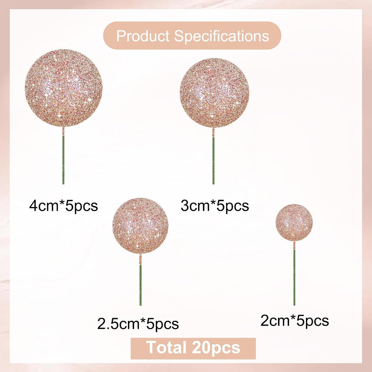 BEISHIDA 20 PCS Gold Mini Ball Cake Toppers Foam Cake Balls - Glitter-rose Gold - image 2