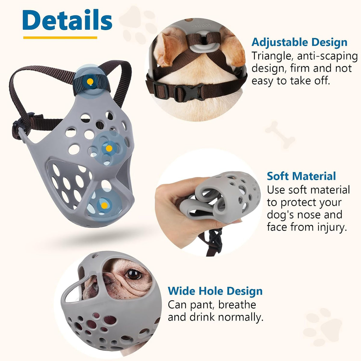 English Bulldog Muzzle, Soft Short Snout Dog Muzzle Stops Biting – Essentials for Dogs - Gray / M（Head 15-16½"） - image 2