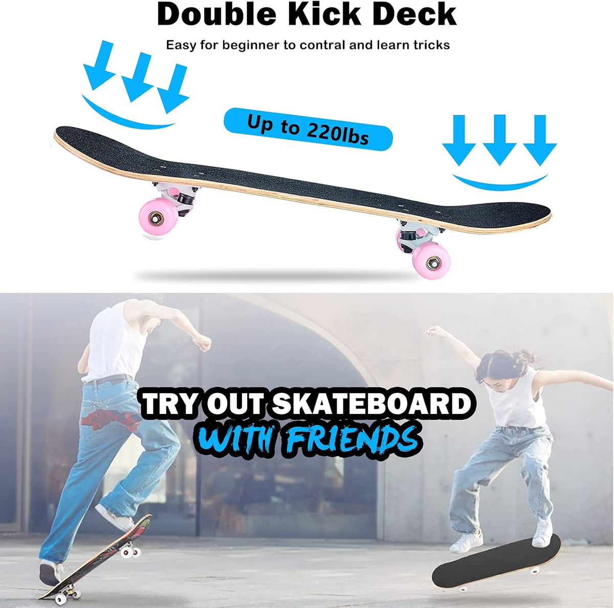 Skateboard,31 x 8 Inch Complete Skateboard, 8-Layer Maple Wood Deck Double Kick Standard - pink - image 3