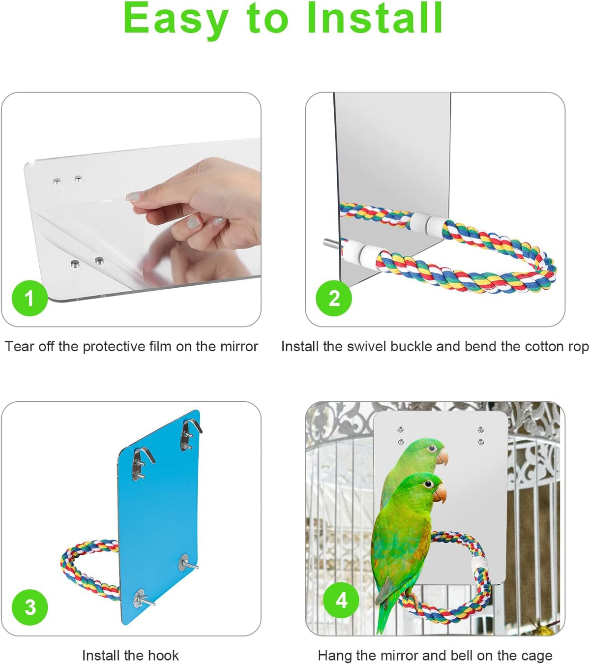 7" Bird Mirror with Rope Perch Bird Toys Swing - 10.6 inch - image 3
