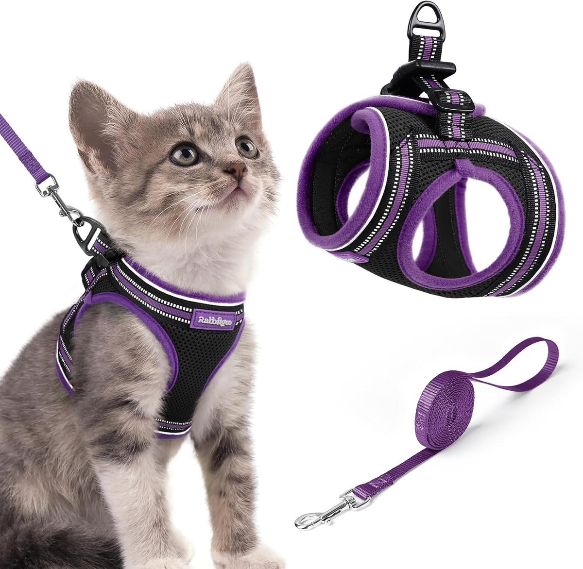 rabbitgoo Cat Harness and Leash Set, Step-in Soft Vest - S / Black & Purple