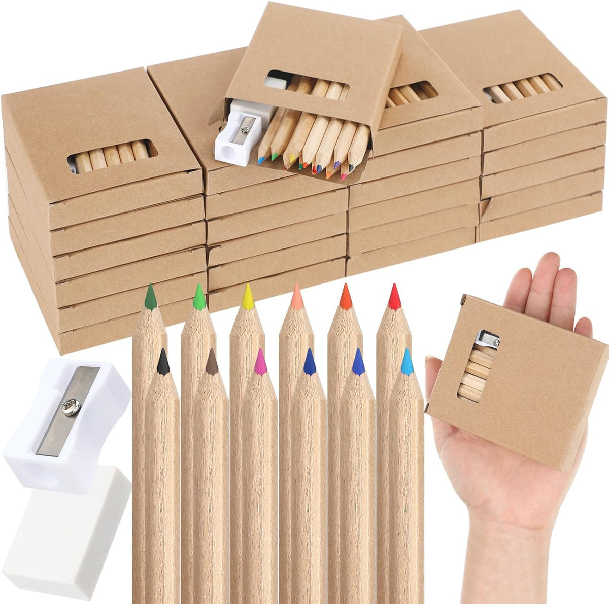 Sinload 24 sets of mini colored pencils with 12 colors, sharpener and eraser