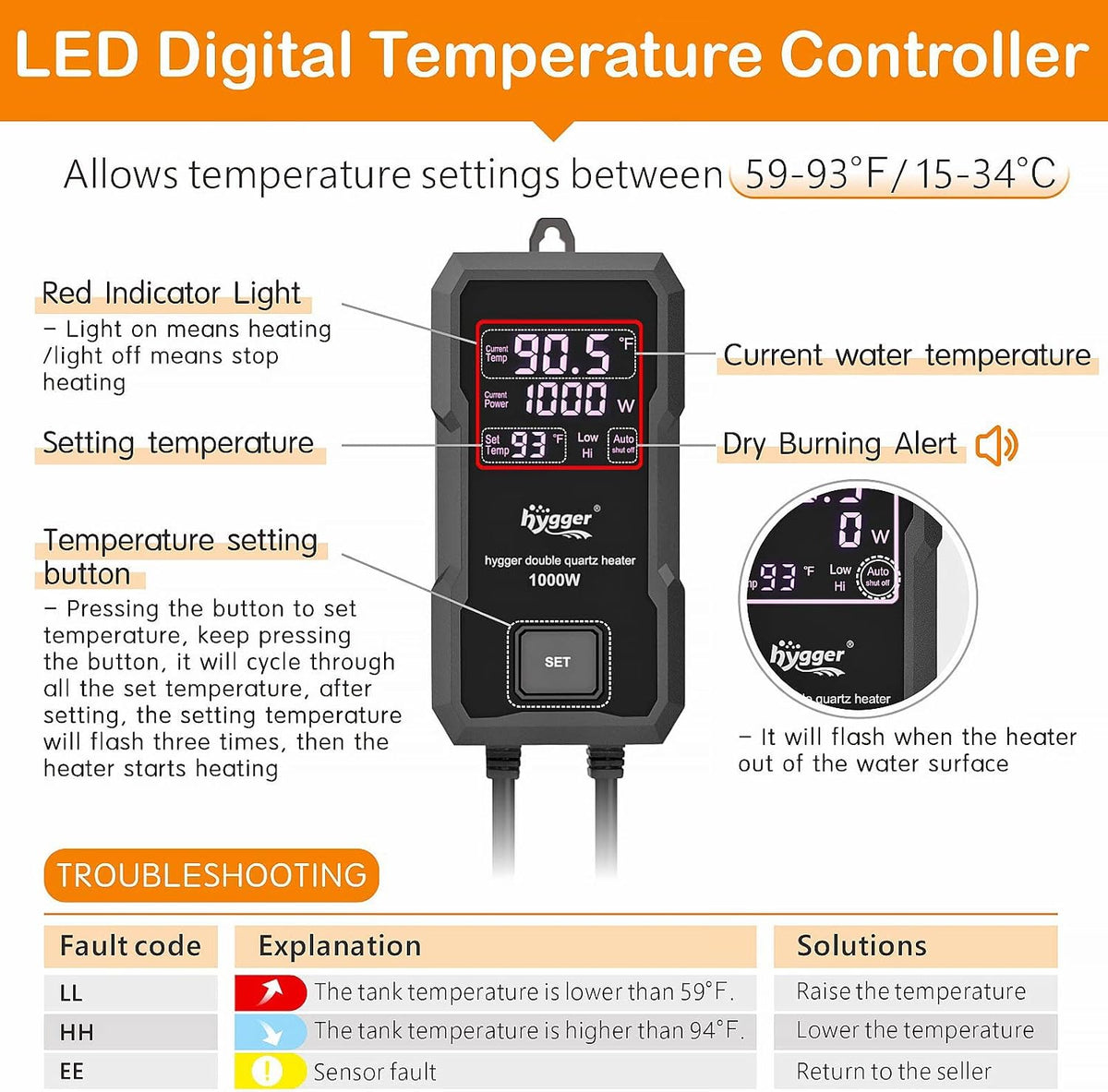 hygger Aquarium Heater 300W/500W/800W/1000W - 1000W for 130-260 Gallon - image 2