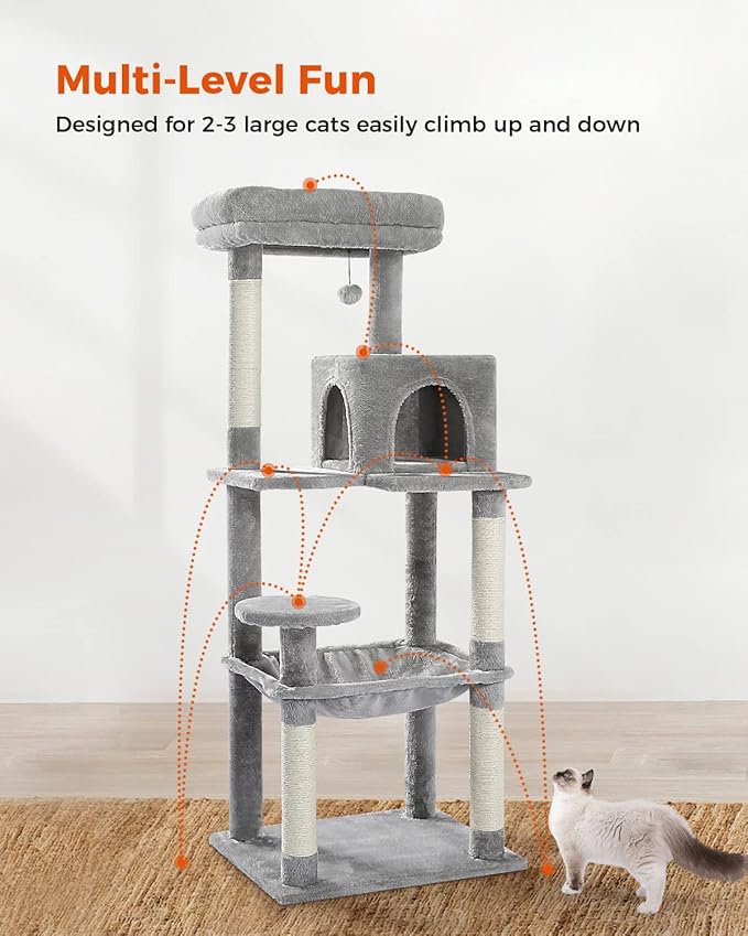 PETEPELA 56.3'' Tall Cat Tree for Indoor Cats, Multi-Level Cat Tower with Super Large Hammock (20''X16''), Sisal Covered Scratching Posts, Cozy Condo and Top Perch Grey