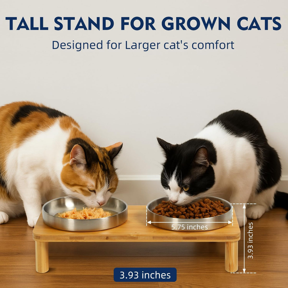 Raised Cat Bowl, Elevated Cat Bowls with Bamboo Stand, Set of 2 – Essentials for Cats - Rectangle Stand with Stainless Steel Bowls - image 4