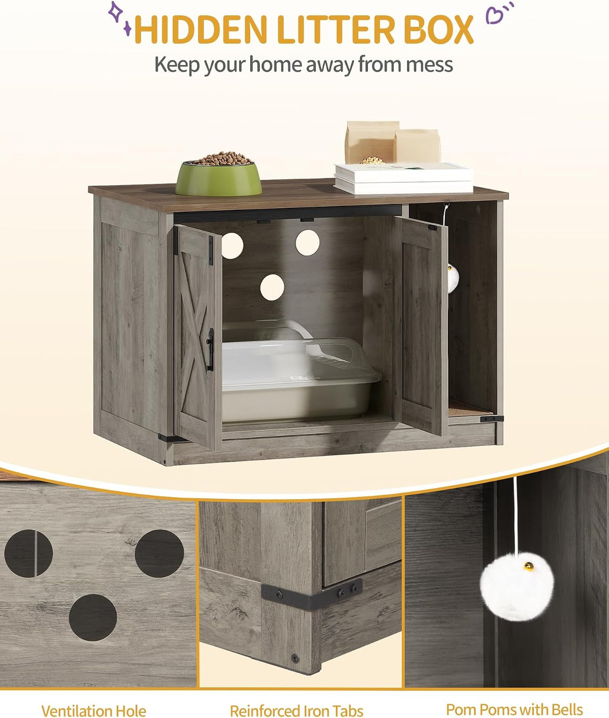Hzuaneri Cat Litter Box Enclosure - 31.5"L x 19.7"W x 20.9"H / Light Ivory and Brown - image 4