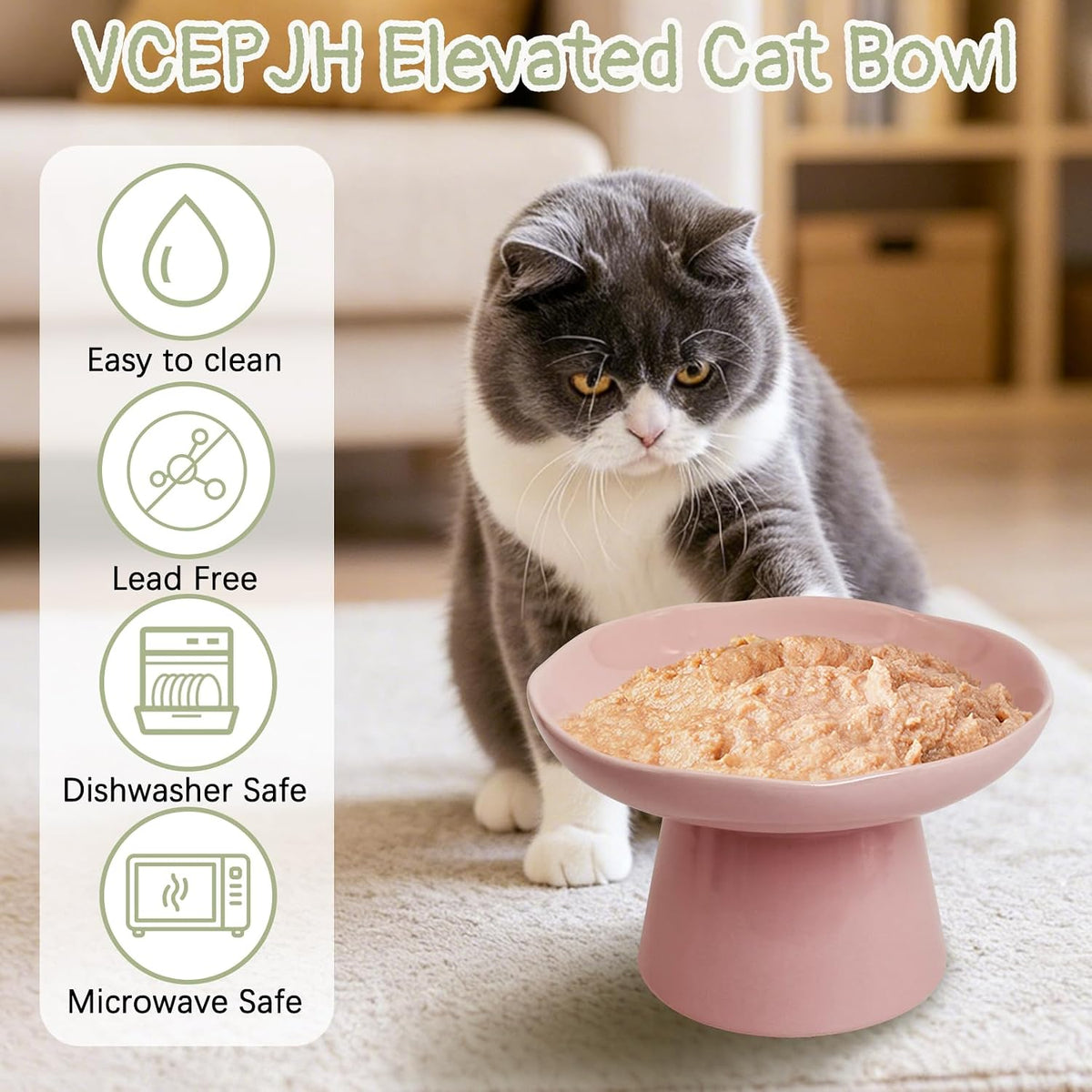 VCEPJH Elevated Cat Bowls 6.1in Wide Shallow Ceramic Raised Food Dish – Essentials for Cats - Pink(Pack of 1) - image 3