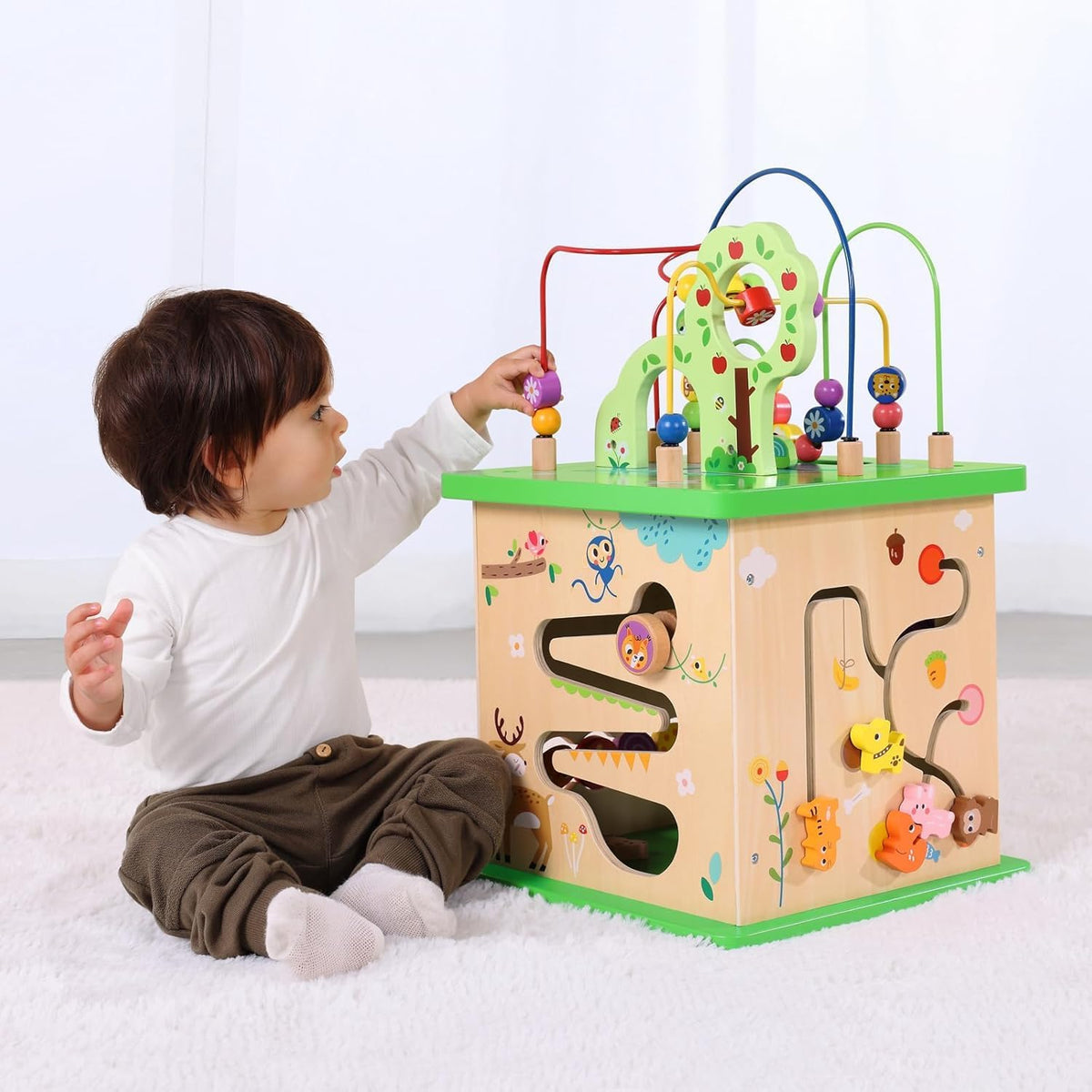 TOOKYLAND 5 in 1 wooden activity cube with bead maze, shape sorter and animal designs