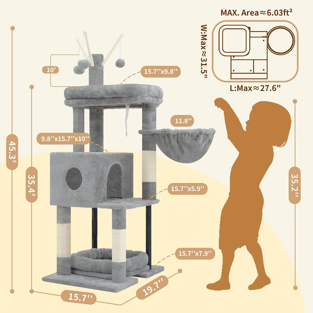 Heybly Cat Tree, 45.3" Cat Tower for Indoor Cats with Large Perch HCT202SG – Essentials for Cats - 45.3 inch / Light Gray - image 4