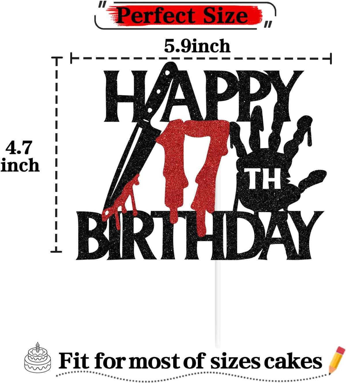 Black glitter Killer Happy 13th Birthday cake topper for a horror Halloween party - view 33