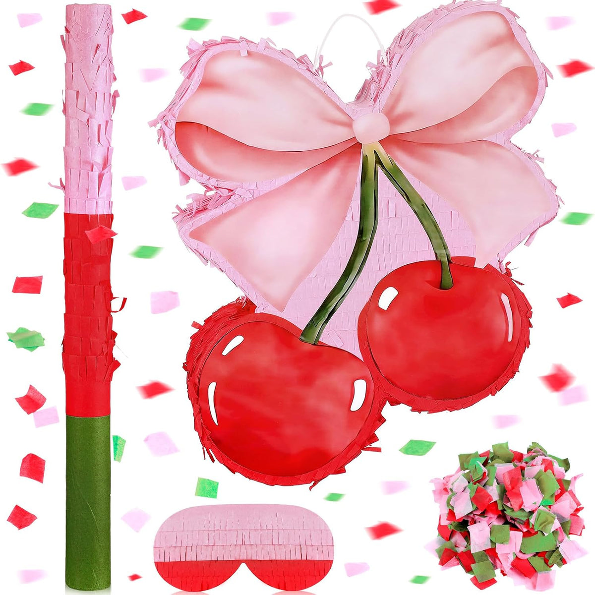 Feifeiya pink bow piñata with pink and white bat, eye masks and confetti - view 7