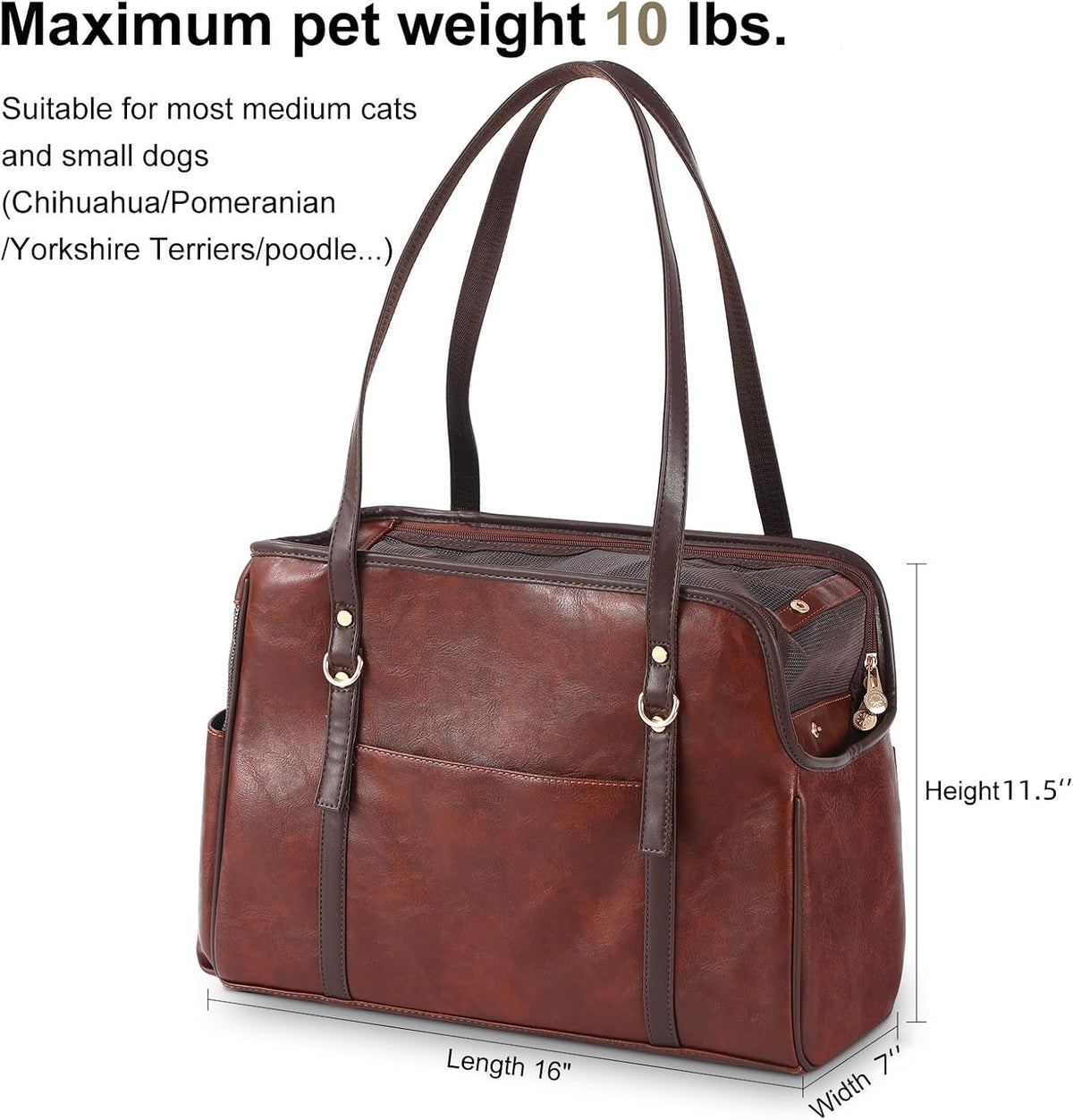 Dog Carrier Purse, Fashion Leather Pet Carrier with Pockets - Coffee - image 2