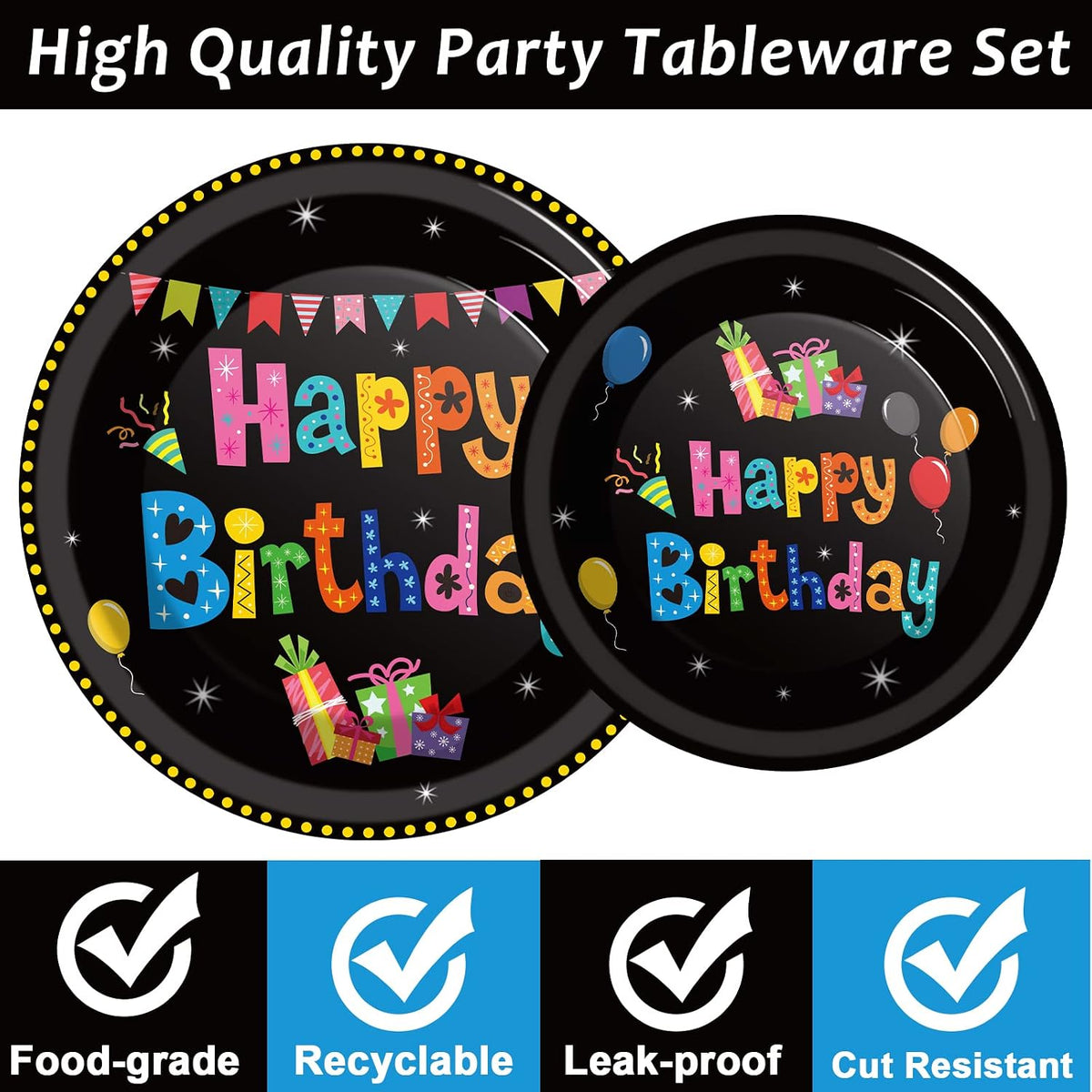 Tevxj navy blue and silver happy birthday tableware set with plates, napkins and forks for 24 - view 31