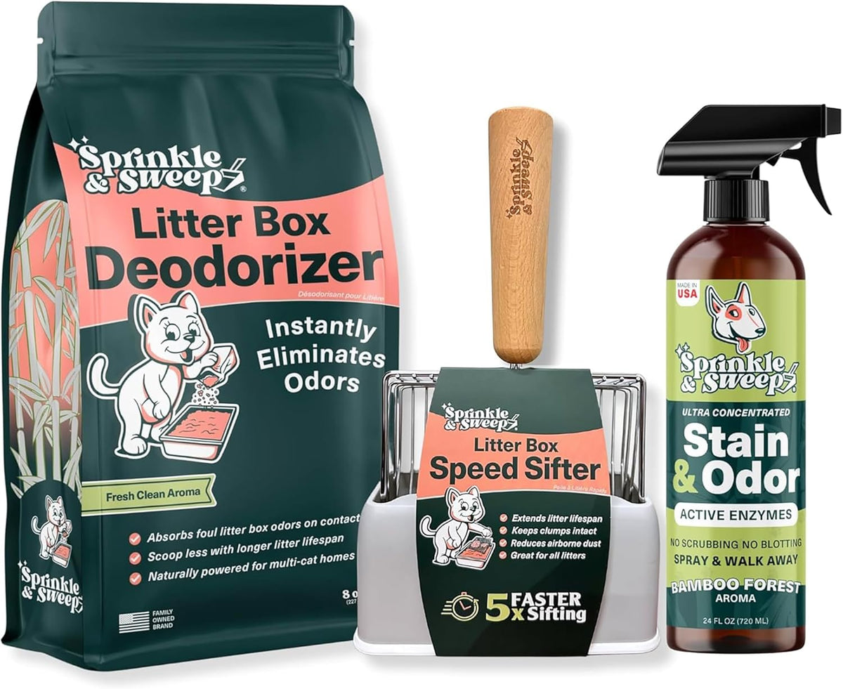 Sprinkle & Sweep: Litter Box Deodorizer - 1 Bag + Speed Sifter + Spray