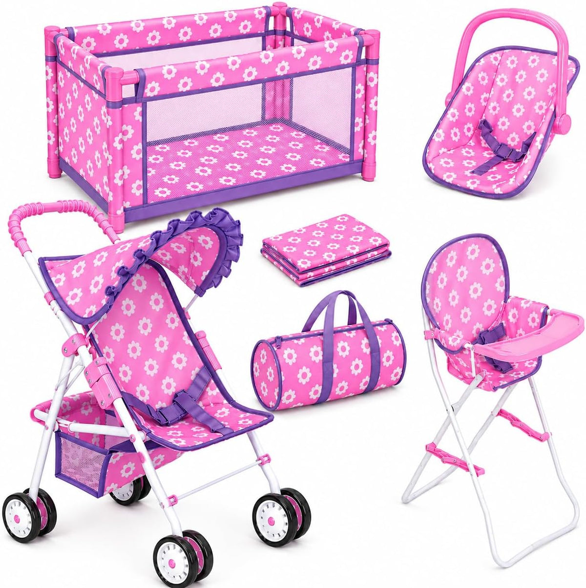 fash n kolor 4 Piece Doll Play Set, Includes - Pink & Purple Floral