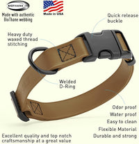 Dogline Biothane Waterproof Dog Collar with Quick Release Buckle Strong Coated Nylon Webbing with Odor- Proof for Easy Care Easy to Clean Fits Small Medium Large Dogs, Coyote Brown 5/8" W 10-14" L