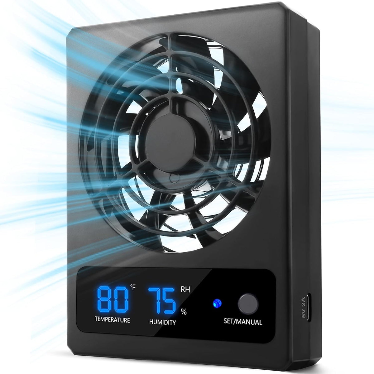 Reptile Ventilation Fan with Humidity Sensor and High-Temp Alarm - 1PCS-Black