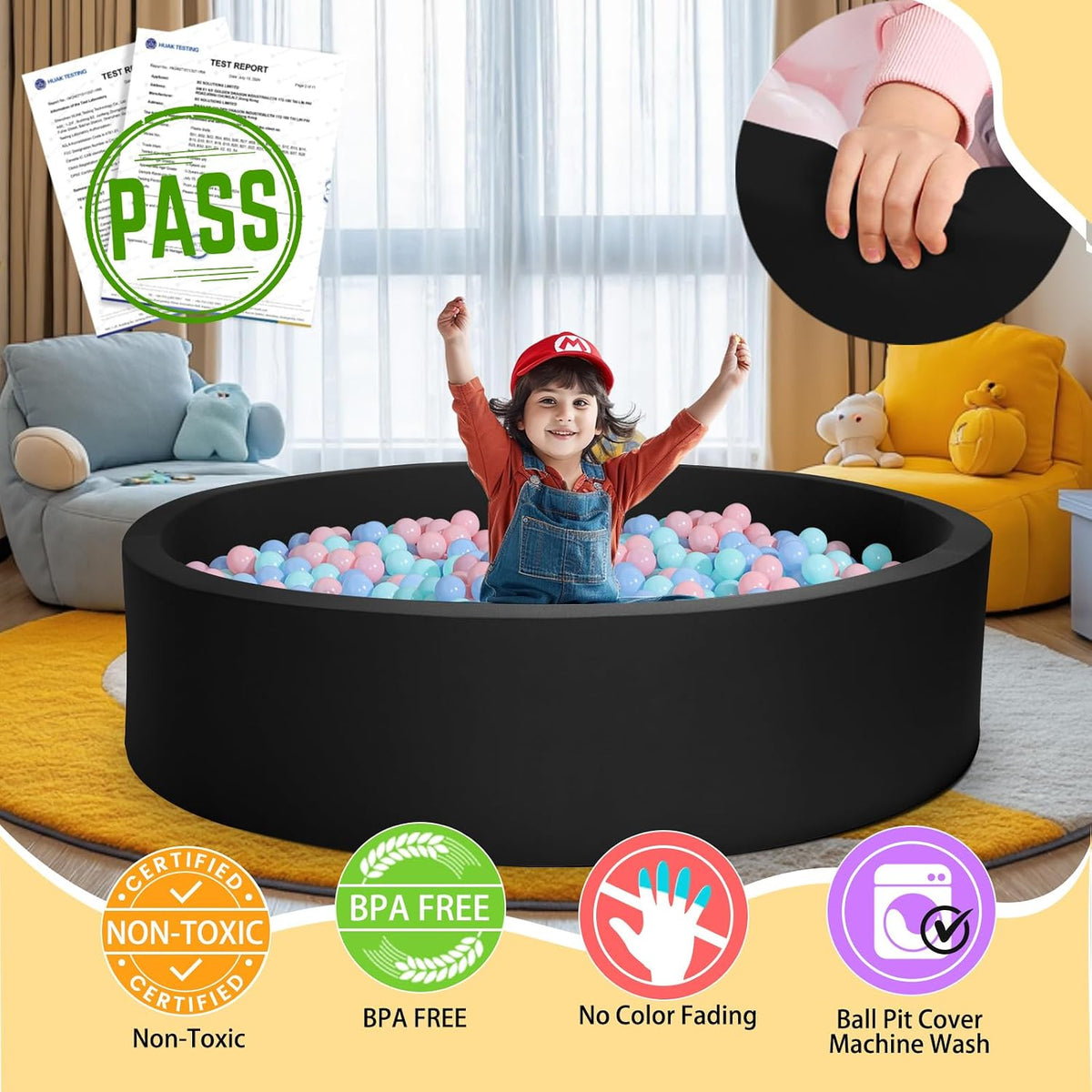 TRENDBOX Foam Ball Pit, 36" x 12" Indoor Soft Ball Pool for Kid，Light Grey – Fun for Kids & Family - Black / 130CM - image 2