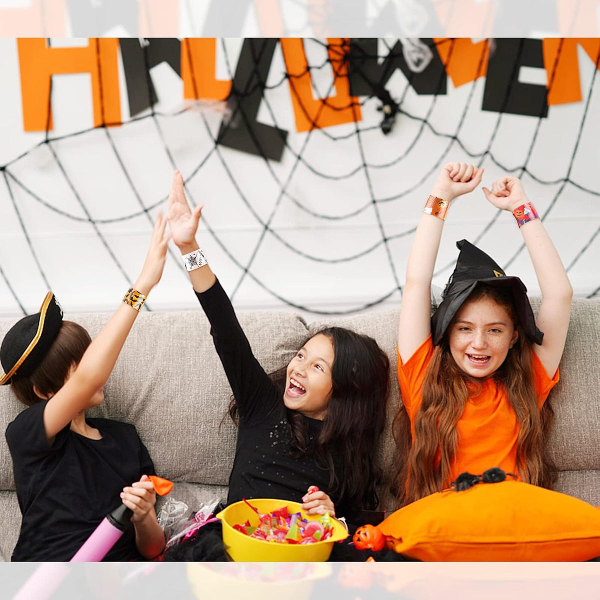 Dminya 24 pack Halloween slap bracelets for kids with skull, pumpkin, ghost and bat prints - view 5