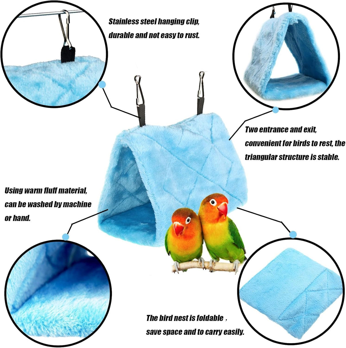 2Pcs Bird Tent Plush Hammock Hanging Warm Hut Nest for Cage - Blue(M)4Pcs - image 2