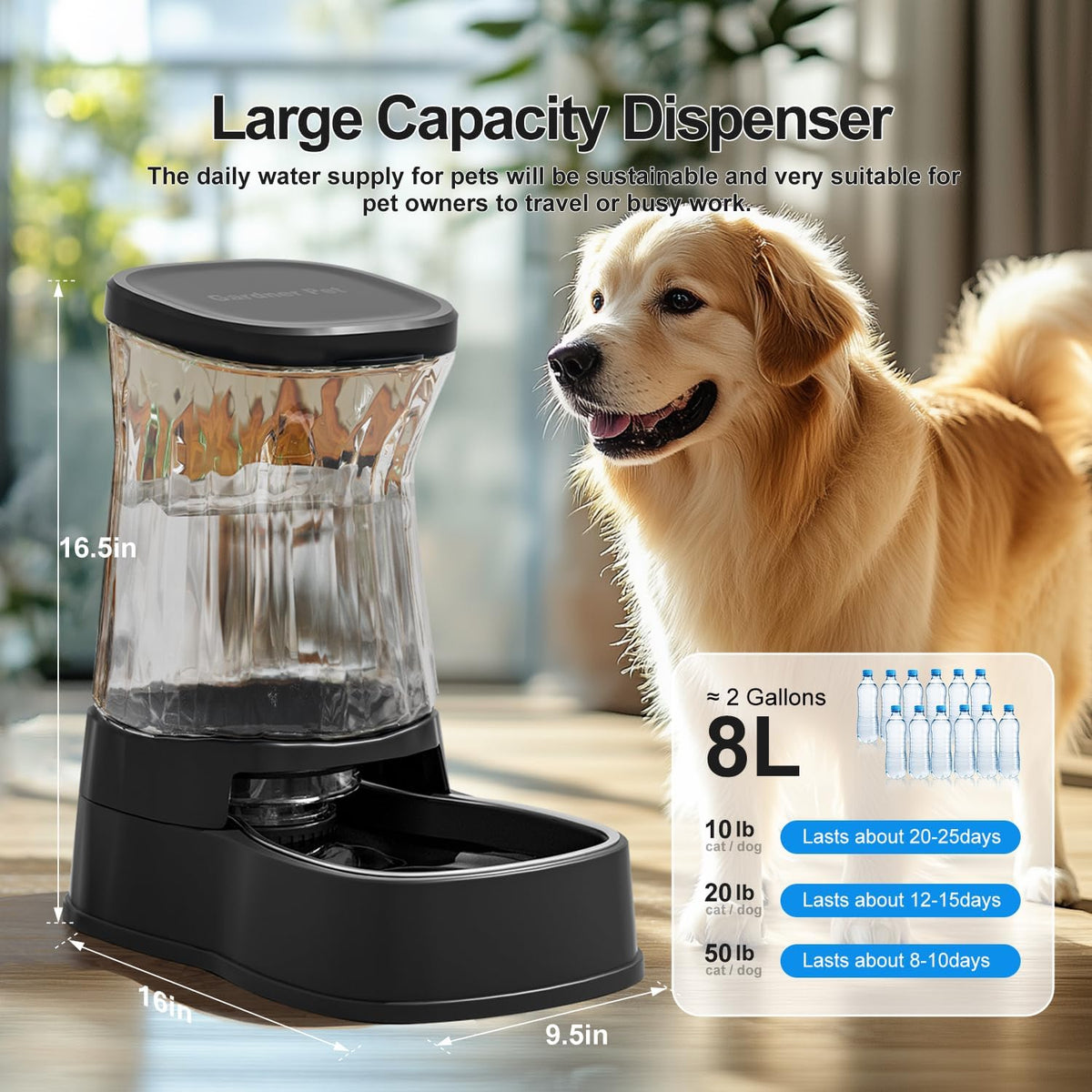 Automatic Dog Water Dispenser, Stainless Steel Bowls Feeder - Black / 2.1 Gallon - image 2