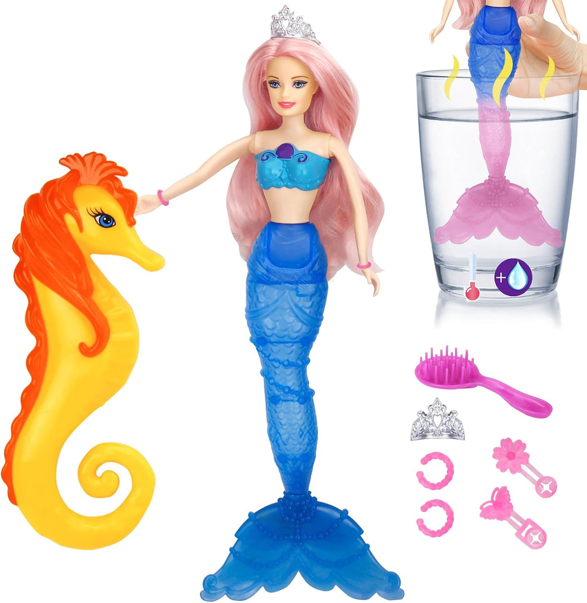BETTINA 12'' Mermaid Princess Doll with 3'' Mermaid & Seahorse Play - Color Change Mermaids Pink