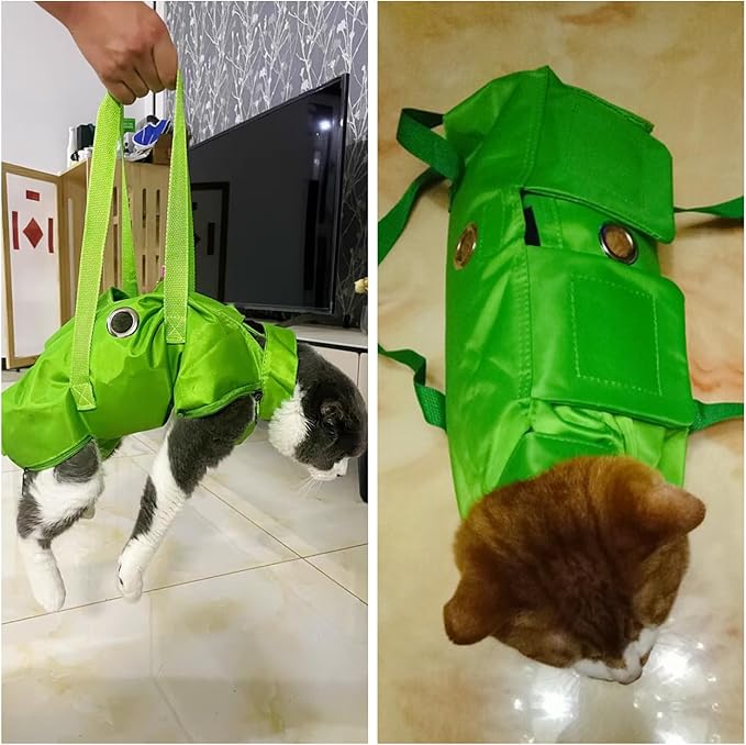 HDKUW Cat Grooming Bag,Foldable Travel Carrier for Cats,Anti-Bite Anti-Scratch Cat Grooming Restraint Bag,Pet Carrier for Administering Eye Drops,Ear Cleaner,Clipping Nails Green S