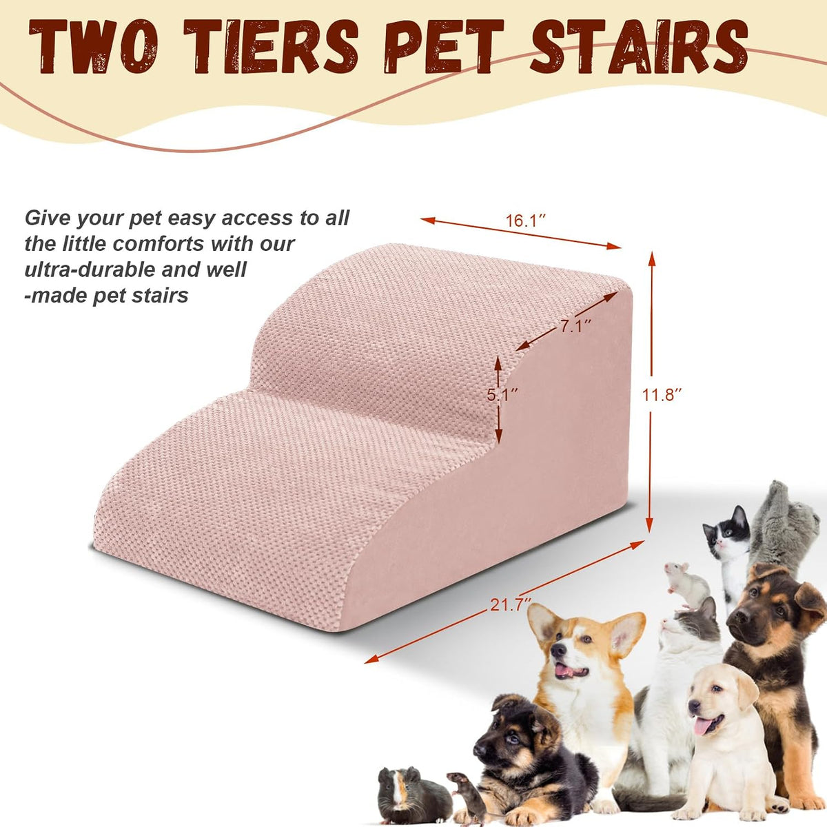 Dog Stairs for Small Dogs, High Density Foam Dog Ramp - Fleece-Pink / 2 Steps - image 2