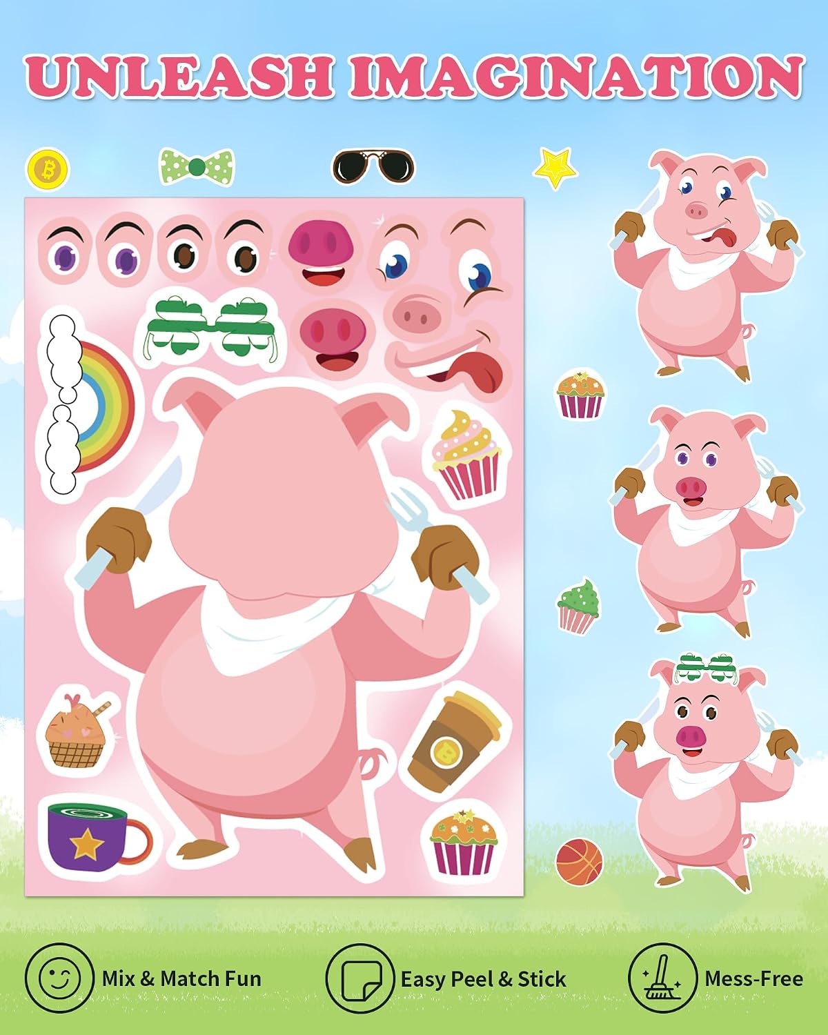 30 Unicorn Make-a-Face Sticker Sheets for Kids – Fun for Kids & Family - Piggy - image 3