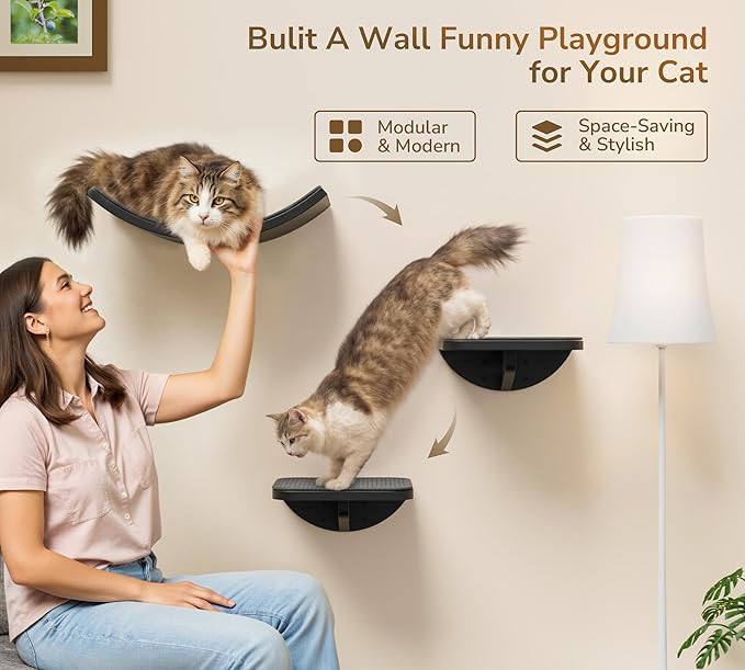 Cat Wall Shelves for Large Cats Set, Grey Curved Wall Sisal Bed and 2 Floating Wall Sisal Steps, Wall Mounted Climbing Shelves for Sleeping, Playing, and Lounging