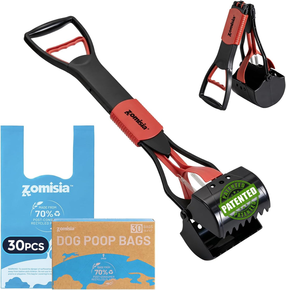 32" Long Handle Pooper Scooper with 30 Count Waste Bags – Essentials for Dogs - Red / 26 Inch