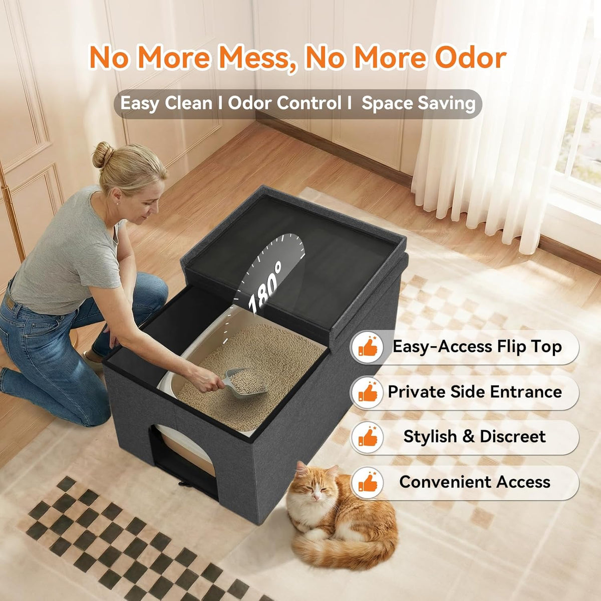 Zerbuger Cat Litter Box Enclosure Furniture for Odor Control – Essentials for Cats - Grey / Large - image 4
