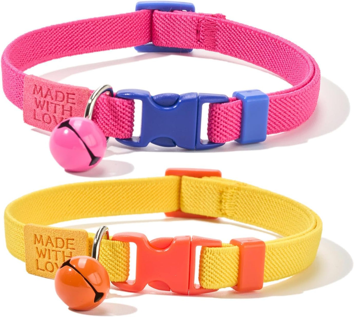 Cotton Bowtie Cat Collar with Bell 2 Pack Adjustable Breakaway Kitten - Elastic Yellow+HotPink / 7.5-11.4 Inch (Pack of 2)