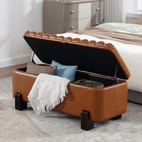 Kmax 45" Storage Bench PU Leather Entryway Bench Upholstered Ottoman Bench with Wavy Top & Safty Hinge for Bedroom Living Room Hallway, Brown