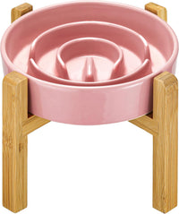 Ceramic Slow Feeder Dog Bowls - Pink + Stand / 8 Inches
