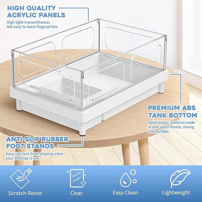 Small Turtle Tank, Aquarium, Acrylic Terrarium with Basking Platform, Bottom Drainage, Multi-Function Areas for Turtles, Crabs, Crayfish, Reptiles.