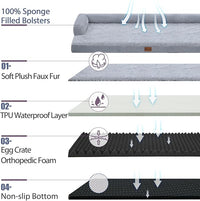 Orthopedic Dog Beds for Large Dogs, Waterproof Dogs Beds, Memory Foam Dog Couch Beds, Comfy Bolster Pet Beds with Removable Washable Cover, Nonskid Bottom (Large, Grey)