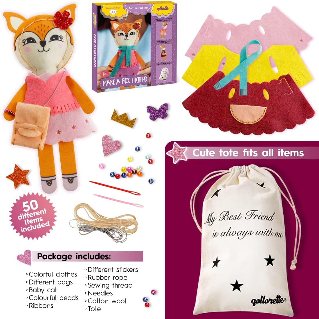 Qollorette felt sewing kit for kids with a handmade kitty stuffed toy and outfits - view 8