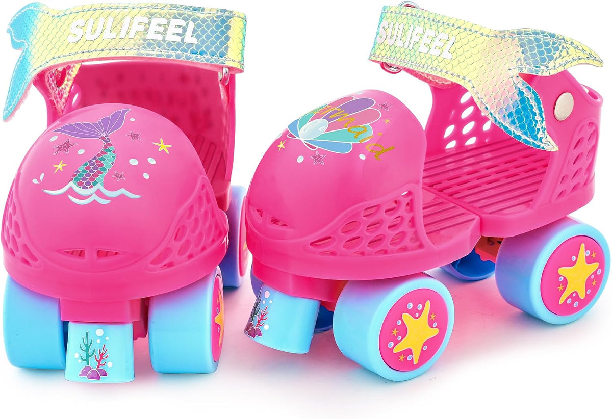 SULIFEEL Kids Adjustable Quad Roller Skates for Girls and Boys – Fun for Kids & Family - Mermaid Pink