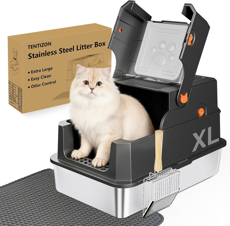 TENTIZON Stainless Steel Cat Litter Box with Lid - Black